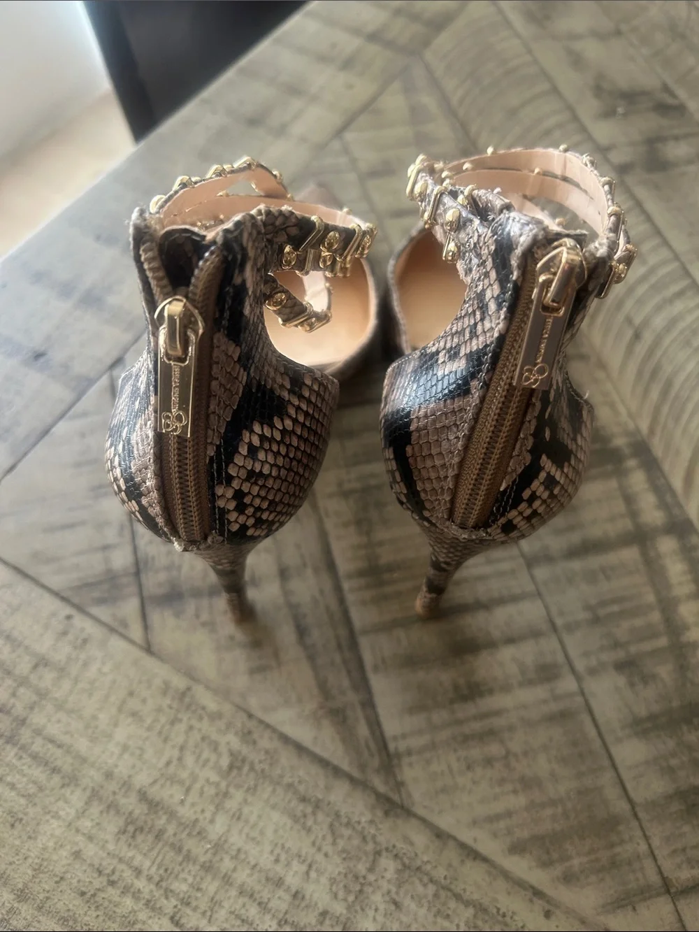 Jessica Simpson Taupe and Black Snake-Print Pointed-Toe Ankle-Strap Pumps